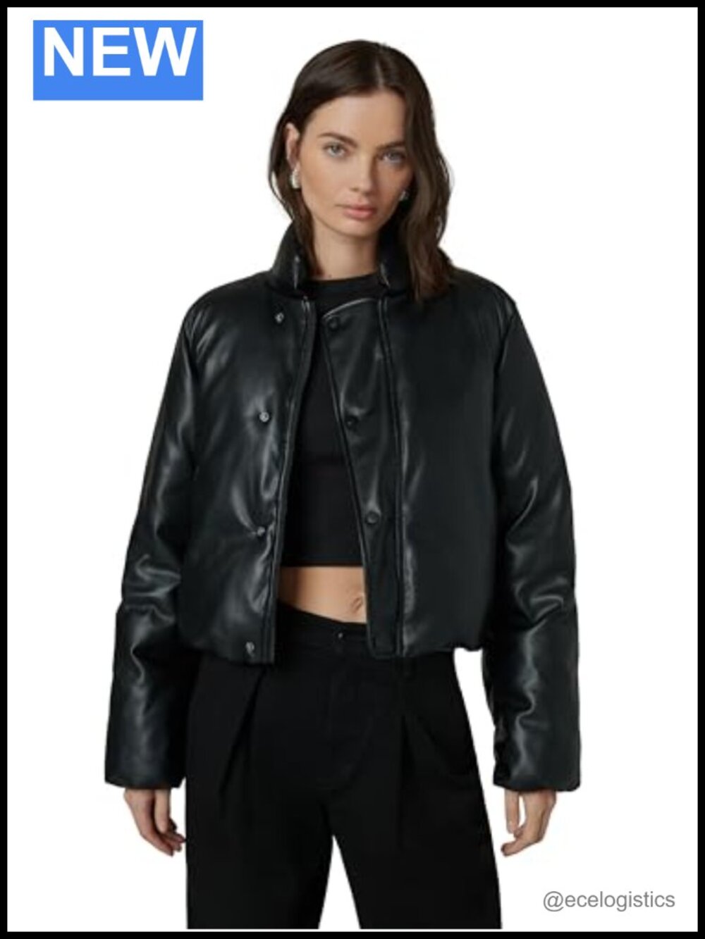 Vegan Leather Bomber Jacket Cropped Bubble Hem Zip Front